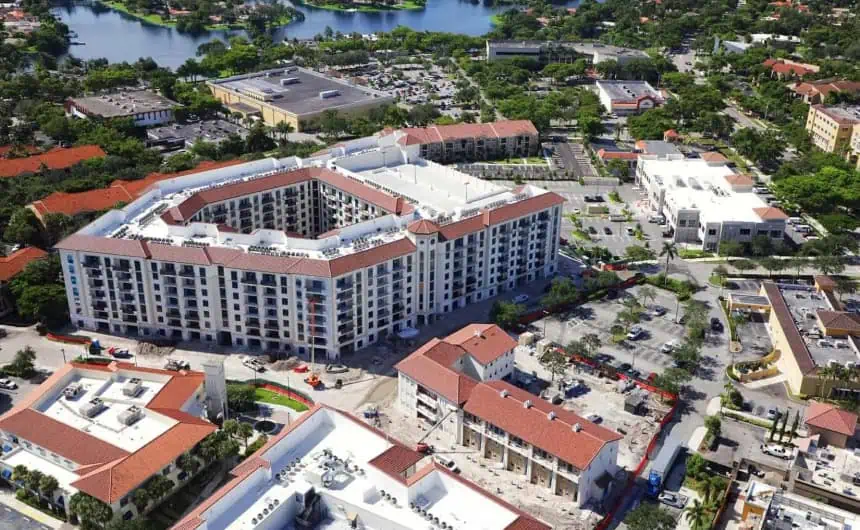 Aerial view of TPO roofing on multi-story building, 6600 Main St, Miami, FL
