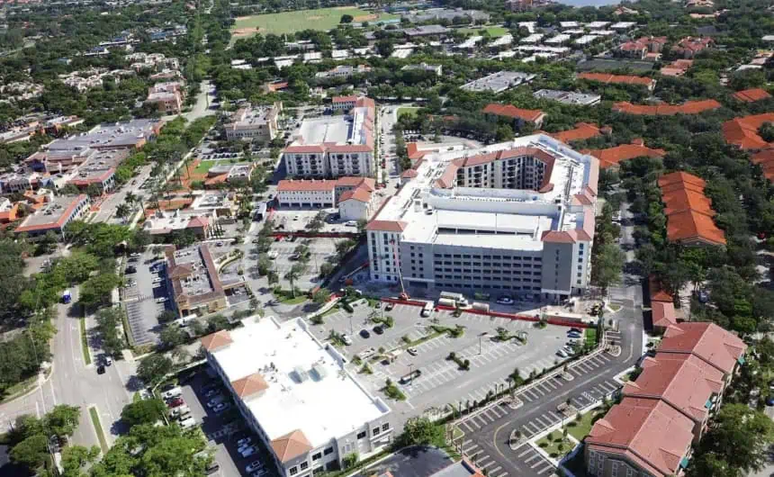 Aerial view, Miami urban area, white flat roof at center