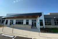 Modern one-story building with flat roof; large windows; Milwaukee, WI
