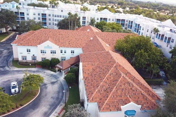 Stratford Court aerial view of steep slope roof