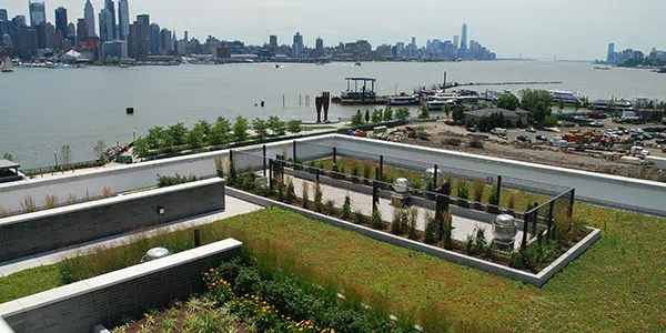aerial view of a green commercial roofing system