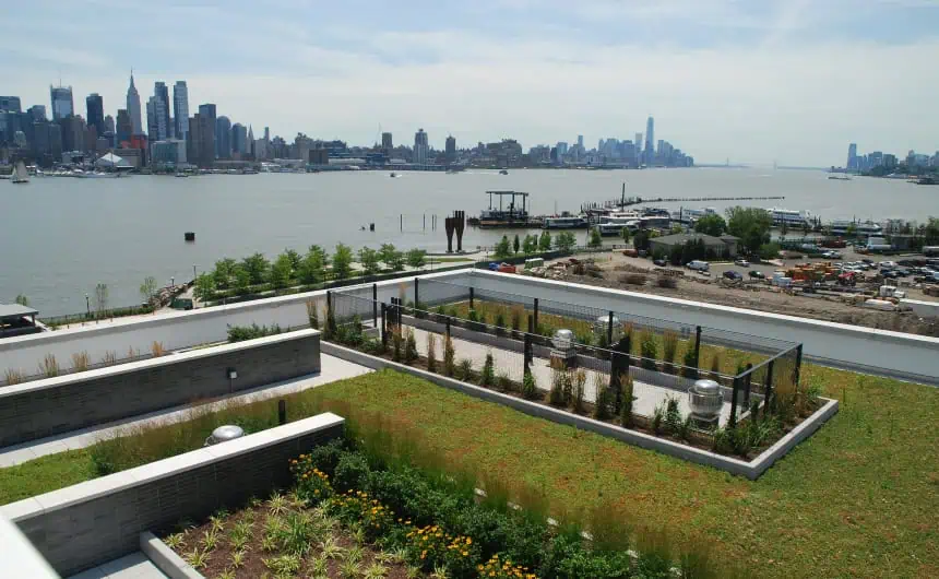 City skyline with green terraces and garden: commercial roofing focus at Port Imperial