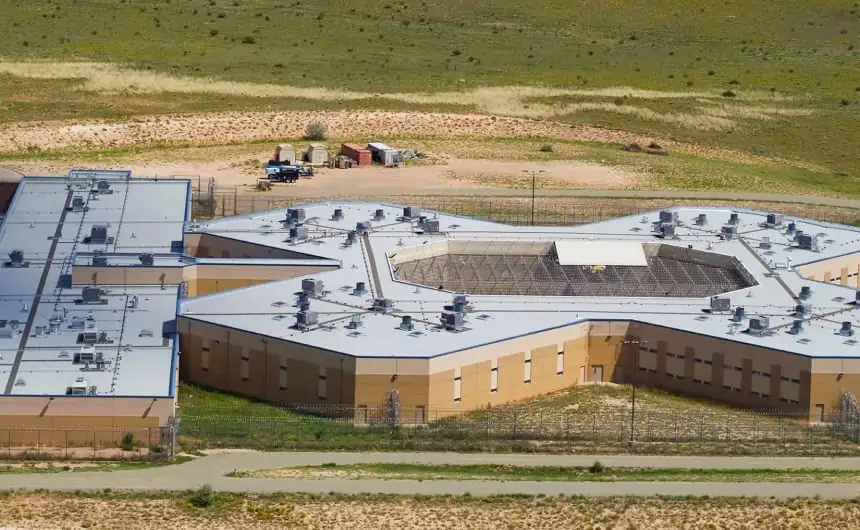 Aerial view: Santa Fe County Correctional facility's flat roofs in rural area