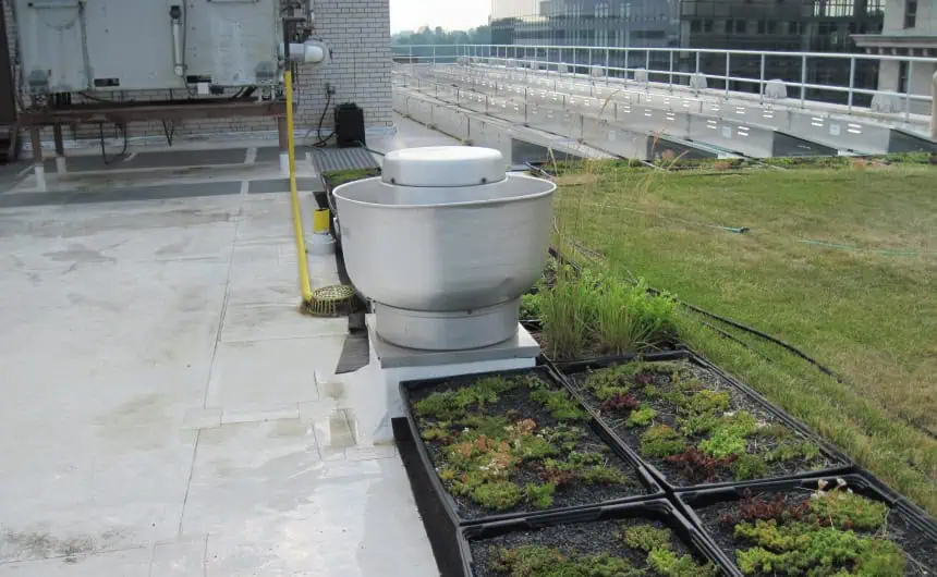 Commercial rooftop with HVAC, pathways, green plants, and white Unicor structures