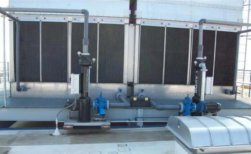 Rooftop HVAC with heat exchangers, filters, pipes, and valves