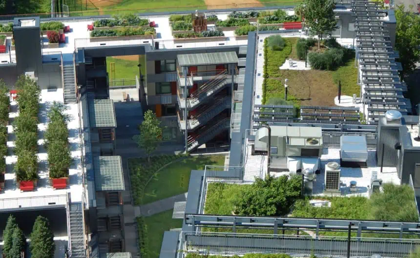 Aerial view of rooftop greenery on commercial building with sports courts