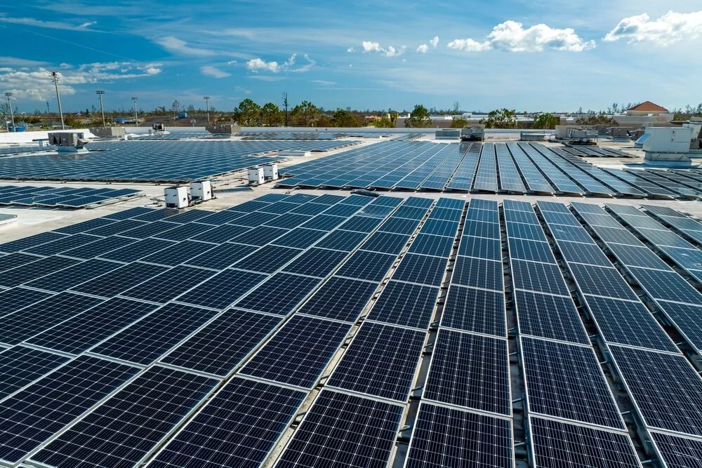 A flat roof with a large array of solar panels under a clear sky, showcasing commercial roofing, including EPDM and TPO systems.