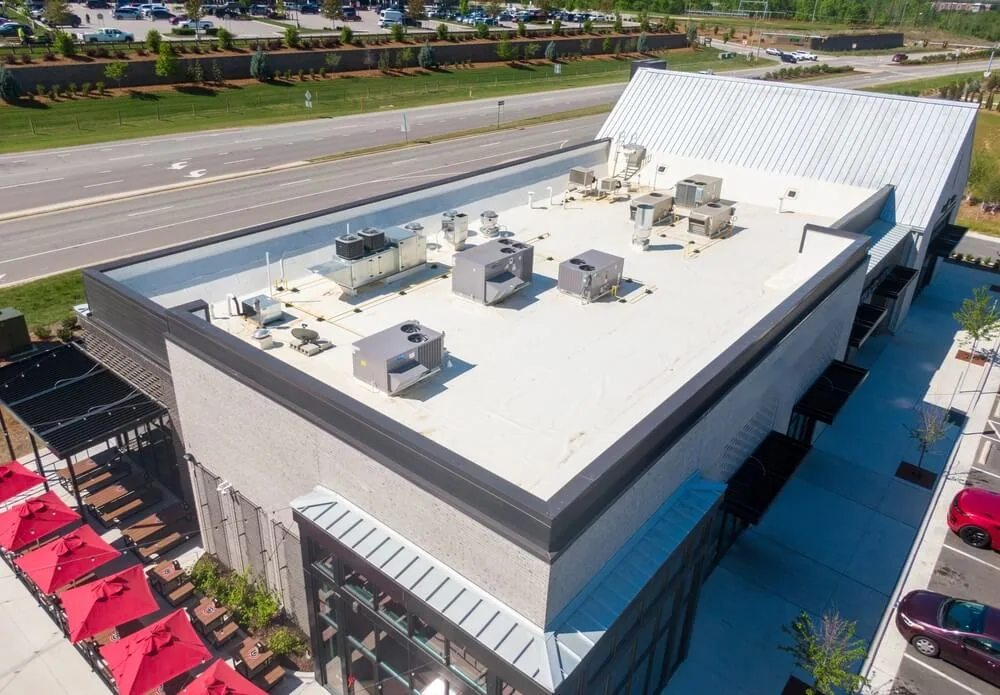 White tpo roof protecting a small restaurant building.