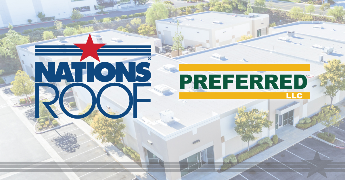 A commercial building complex with Nations Roof and Preferred LLC logos, highlighting commercial roofing, TPO and EPDM roof systems.